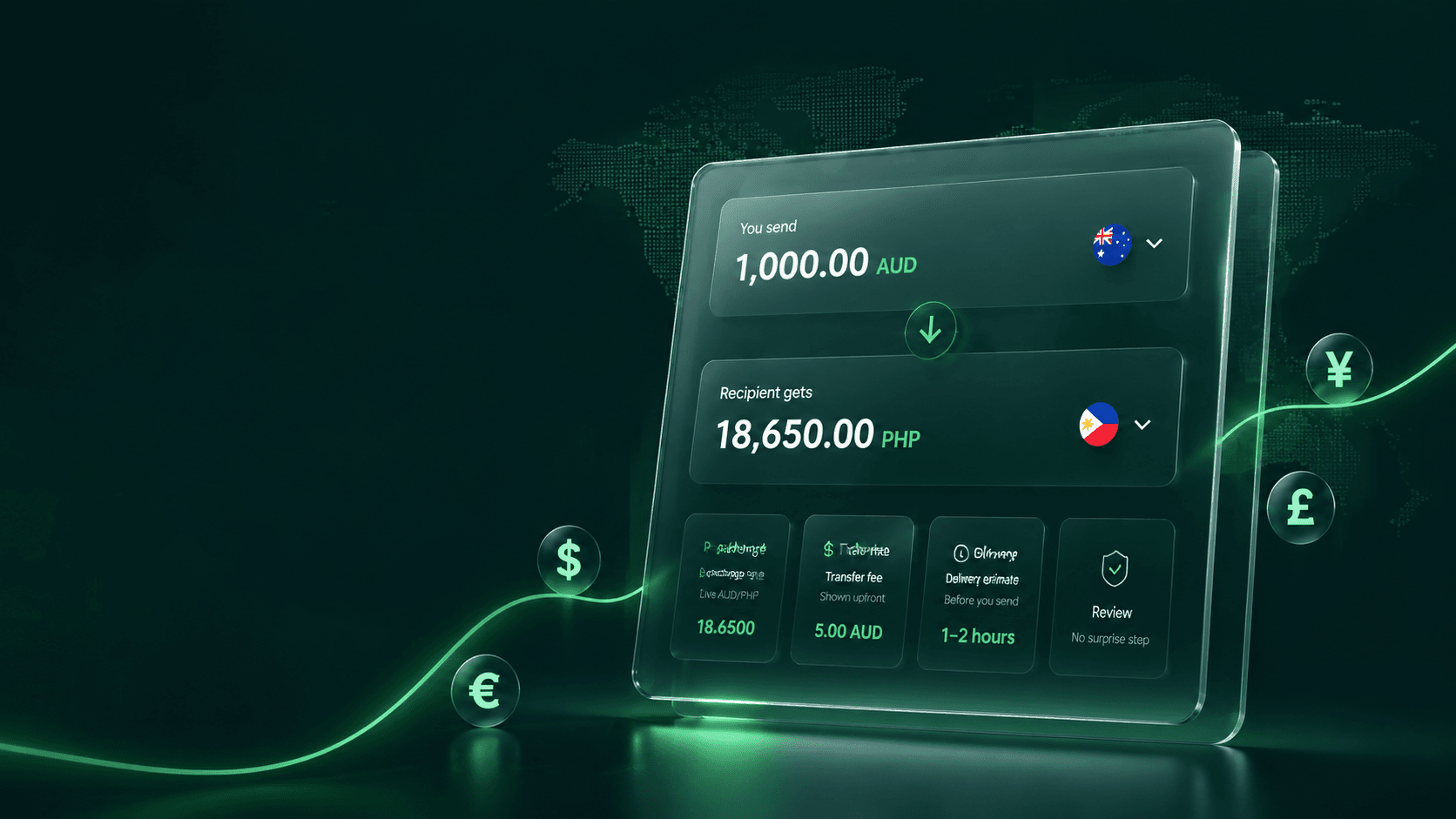 Glass world map with live currency rates moving between regions